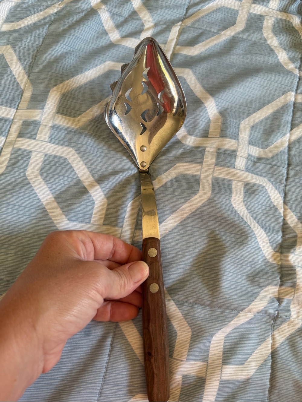 Vintage Zylco Slotted Serving Spoon Wood Handle MCM Stainless Steel USA